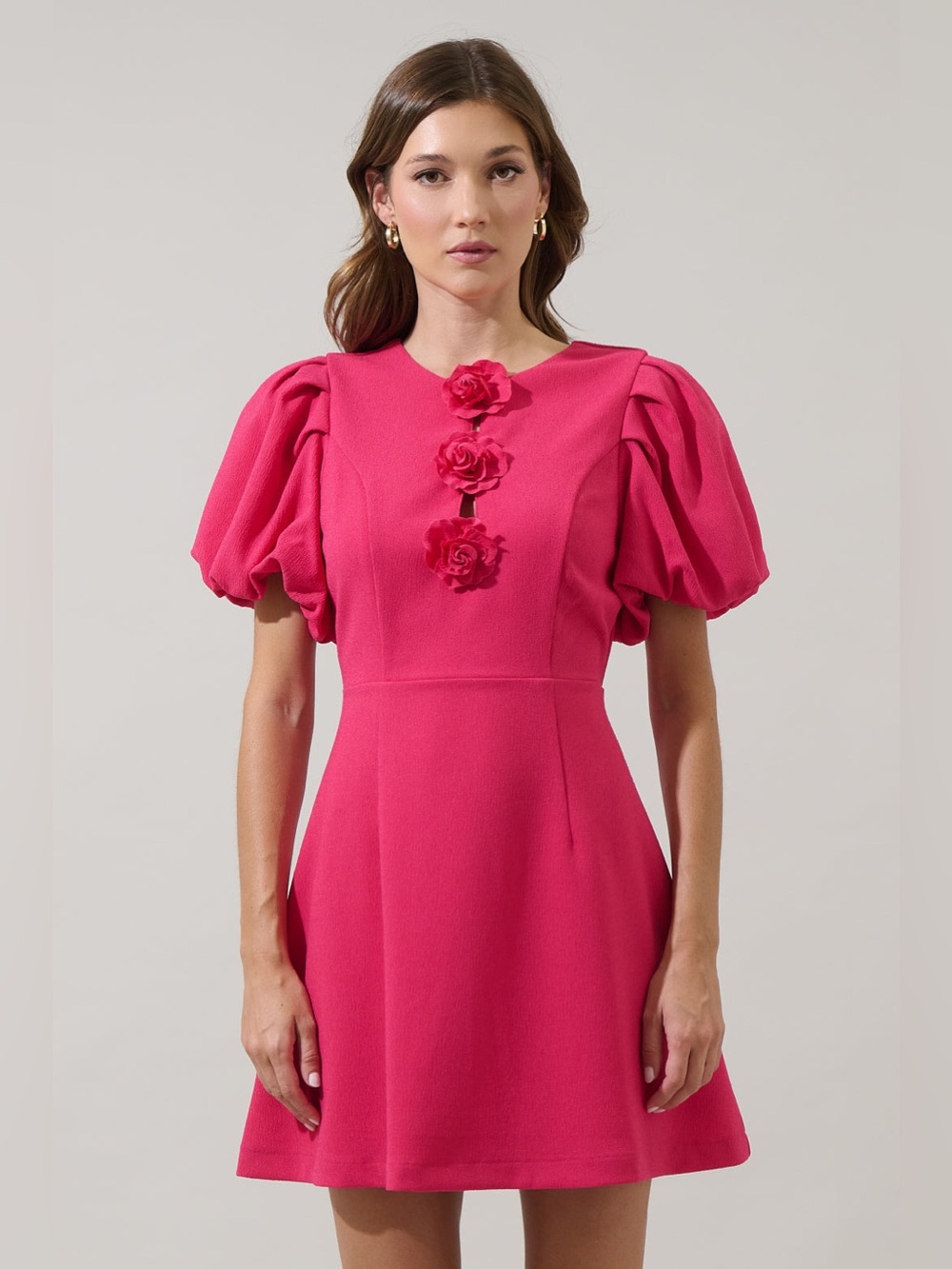 Sugarlips Zemira Rosette Bubble Sleeve Mini Dress Fuchsia Size Small NWT - Picture 2 of 11